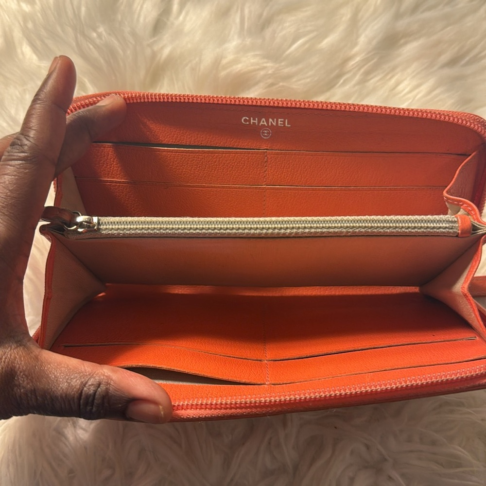 Authentic CHANEL Zip Around Long Wallet Purse Camellia Leather Orange GUC - Picture 12 of 12